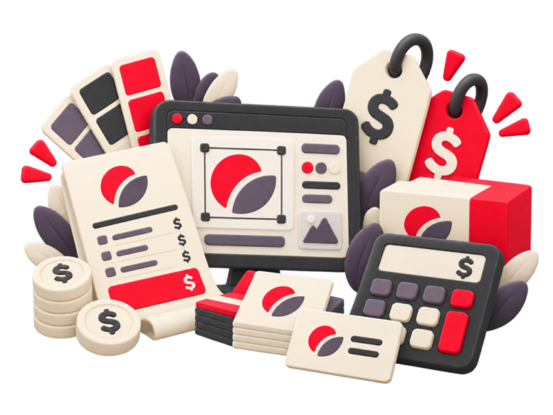 Logo design cost and pricing with branding concepts, price tags and design assets
