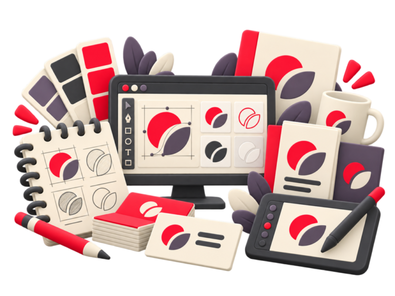 Graphic design packages with branding layouts, colour palettes and creative assets